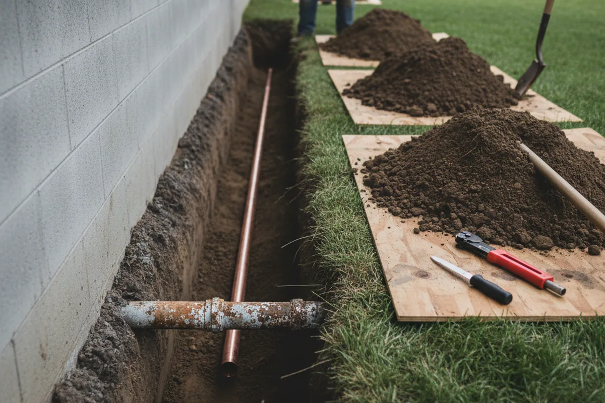 Excavated water line trench during Sewer Line Repair in Ashfield
